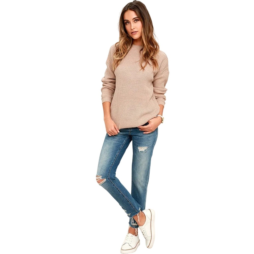 Lulus Taupe Waffle Knit High-Low Crew Neck Sweater PL9419B Womens Medium Beige